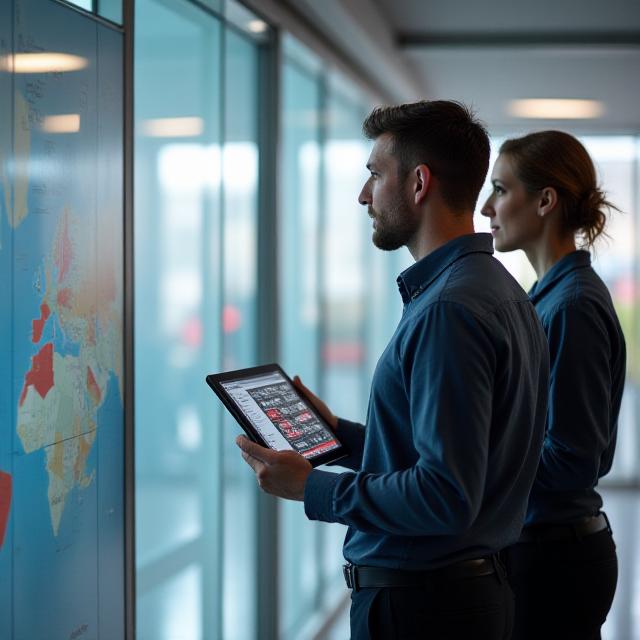 Logistics managers reviewing transit routes on a digital interface