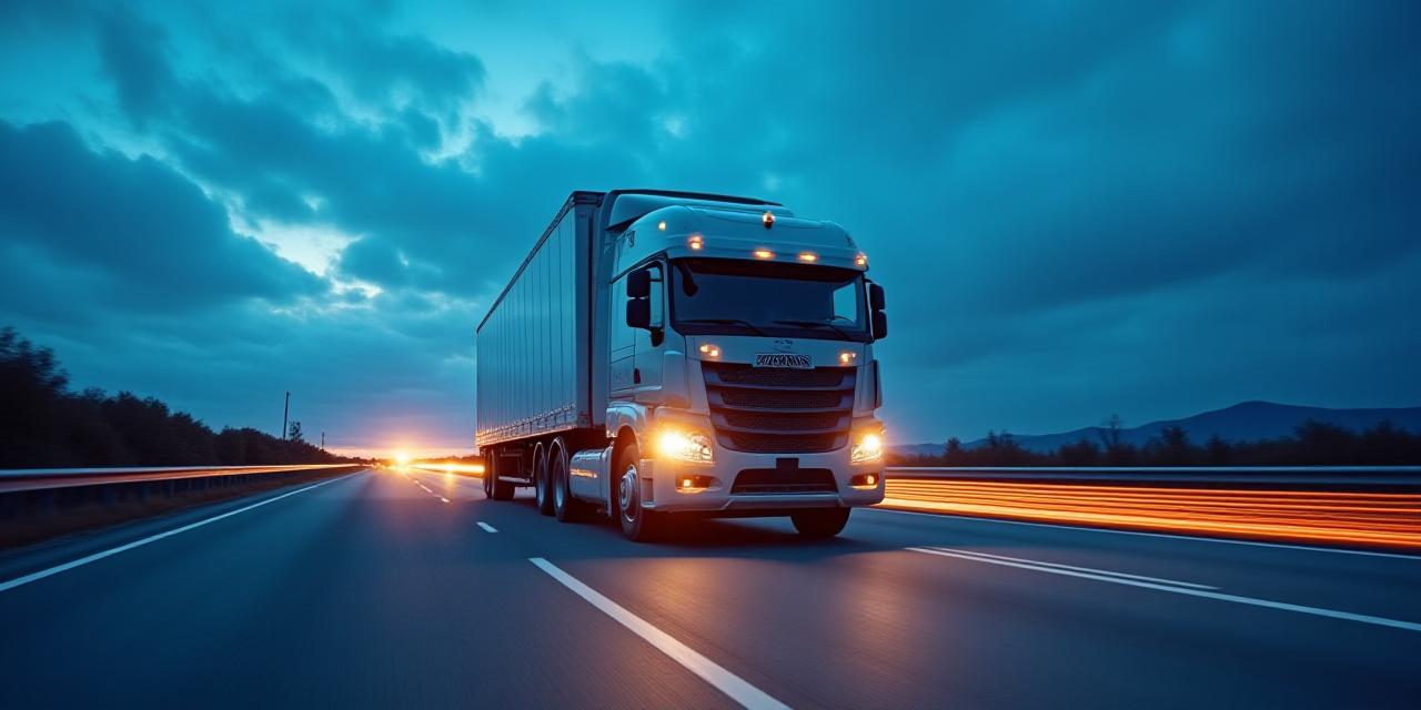 Modern freight truck on a scenic highway at dusk